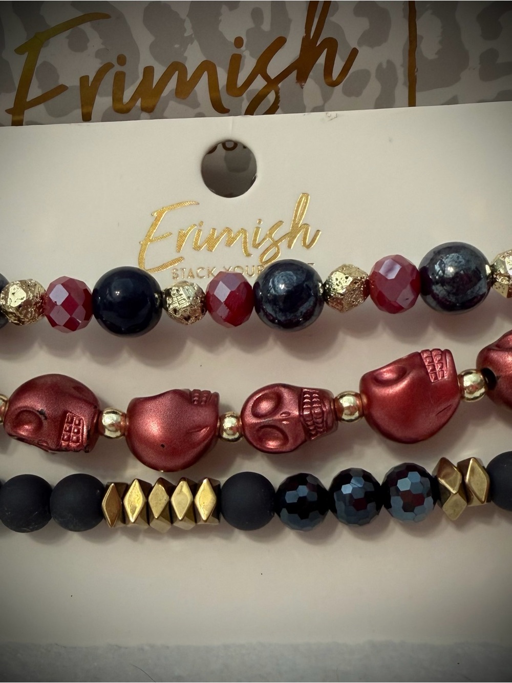 Erimish Red, Black & Gold Beaded Skull Bracelet Set
